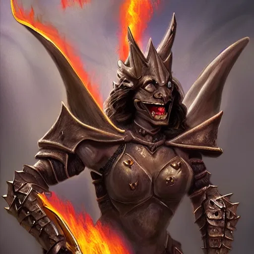 Prompt: disney's gargoyles!!!! female!! warrior! flaming sword ( devilish smile ) ( ( plate armor ) ) ( ( ( shield ) ) ), fantasy painting, concept art, 4 k