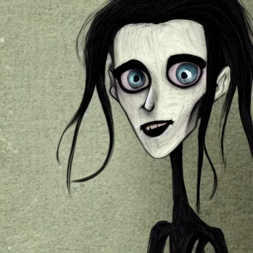 Image similar to young man portrait, black hair, skinny, sleep deprived, corpse bride art style