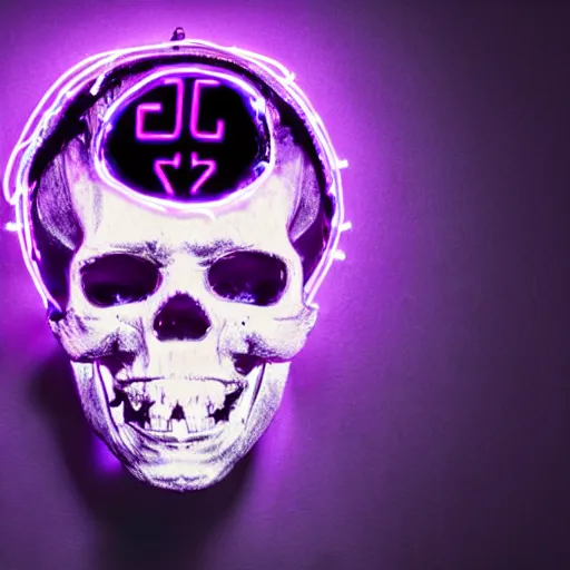 Image similar to cybernetic human scull with with devil horns , blue neon light and smoke and purple lighting