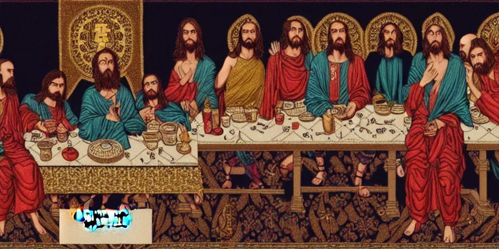 Prompt: the last supper wearing gucci versace gold rich intricate textiles cloak tunic streetwear cyberpunk modern design