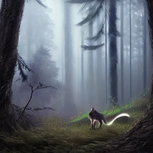 Image similar to a woodland druid in a forest with a wolf bird and racoon, photorealistic, in the style of greg rutkowski, digital painting