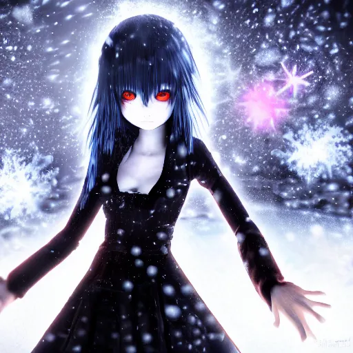 Image similar to photorealistic full body shot of masterpiece angry darkness android anime girl, beautifull lovely eyes, electric aura with particles, snowing frozen ice, darkness background, inspired by tim burton, detailed, unreal engine 4 k, volumetric light, fog