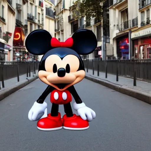 Image similar to a life-sized talking uncanny valley funko pop of mickey mouse, wandering in the streets of Paris high quality very detailed with shadows 4k