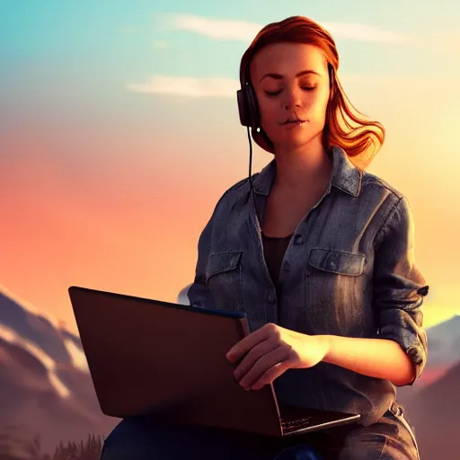 Image similar to photorealistic illustration of beautiful girl working on black laptop at old van on nature, long blonde hair, blue eyes, headphones, sunset at mountains, high detailed, octane render, Pasquale Scionti on Artstation