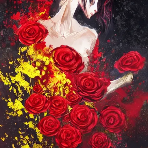 Prompt: red like roses fills my dreams and brings me to the place you rest. | white is cold and always yearning, burdened by a royal test. | black the beast descends from shadows. | yellow beauty burns gold. abstract oil painting. beautiful woman. fantasy. concept art. rwby. highly detailed and colorful.