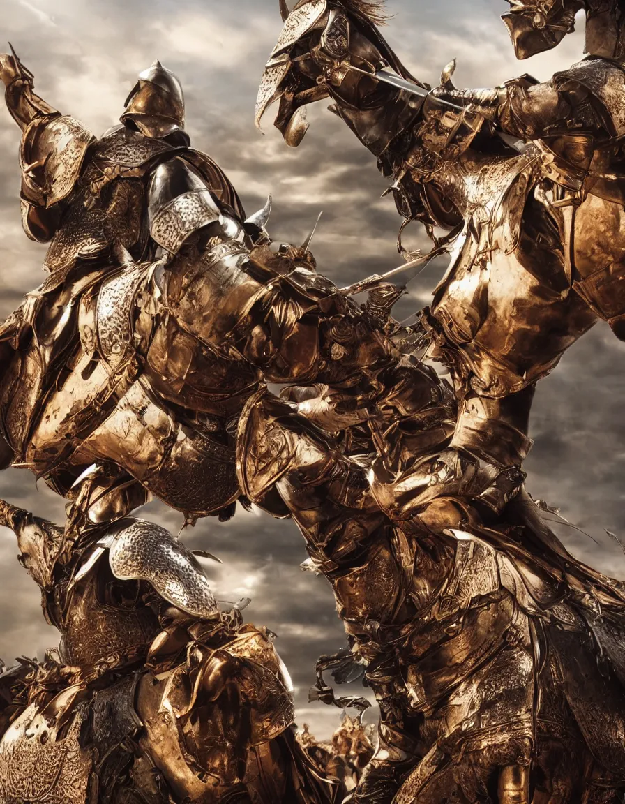 Image similar to rooster with plate armor jousting, hyper-realistic, 4k, movie poster, fantasy