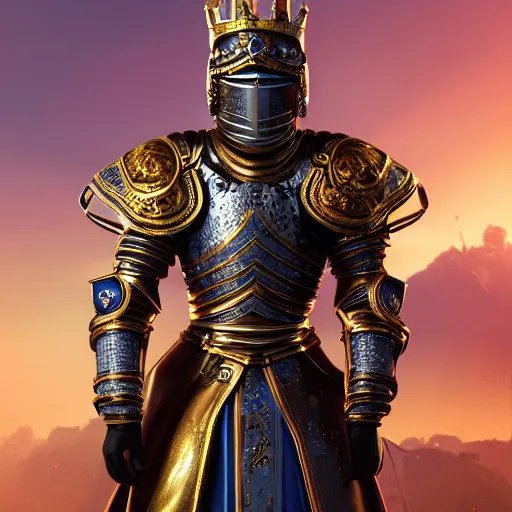 Prompt: a highly detailed knight in a T golden helmet and a golden crown with a blue diamond in the center, golden armor, leather clothes under the armor, leather gloves, holds a black sword, artstation, DeviantArt, professional, octane render, sunset lighting