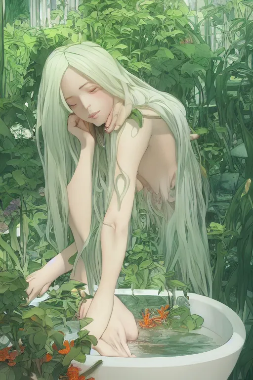 Image similar to a girl with long white hair lying in a bathroom bath at afternoon, plants, green and orange theme, s line, 4 5 angel by krenz cushart and mucha and makoto shinkai and akihito yoshida and greg rutkowski, 4 k resolution