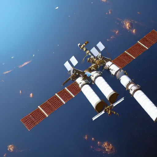 Image similar to the fall of mir international space station in the ocean, 4 k photorealist unreal engine 3 d render