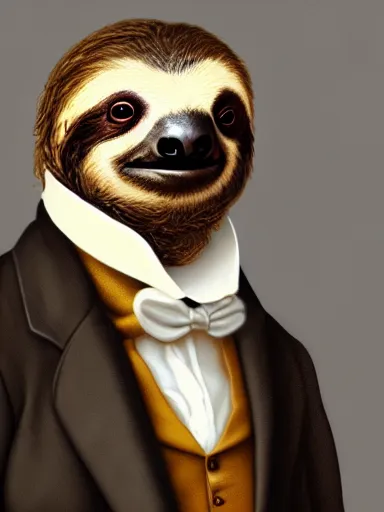 Prompt: portrait of a sloth wearing a victorian suit, regal, debonair, stylish, flowerpunk, rococo, baroque, academicism, digital art, concept art, character design, illustration, award - winning, highly detailed