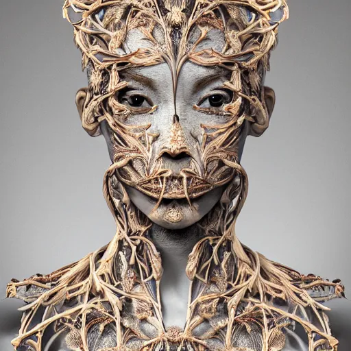 Image similar to beatifull frontal face portrait of a woman, 150 mm, anatomical, flesh, flowers, mandelbrot fractal, facial muscles, veins, arteries, symmetric, intricate, golden ratio, full frame, microscopic, elegant, highly detailed, ornate, ornament, sculpture, elegant , luxury, beautifully lit, ray trace, octane render in the style of peter Gric , alex grey and Romero Ressendi