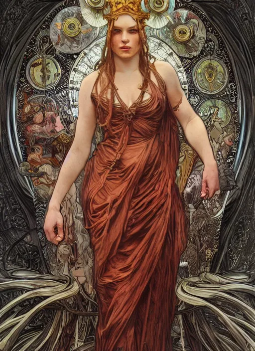 Image similar to Jennifer Lowrence as God of Strangeness, brutal, epic, intricate, elegant, highly detailed, digital painting, 4k, HDR, concept art, smooth, sharp focus, illustration, art by alphonse mucha,artgerm, H R Giger