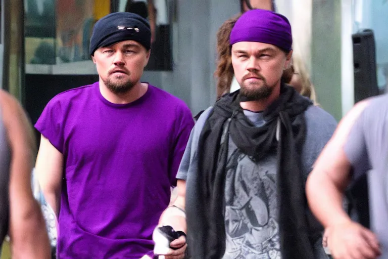 Prompt: medium full shot of leonardo dicaprio as a gang member wearing a purple head covering made from a polyester or nylon material and a stained white tank top caught sliding on a opp, arms covered in gang tattoo, paparazzi, leaked footage, uncomfortable, bad quality