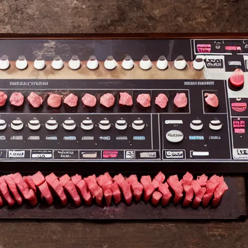 Image similar to a modular synthesizer made from raw meat