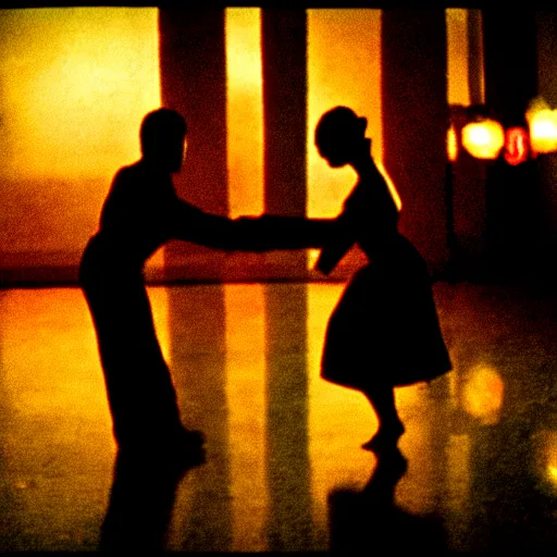 Image similar to wong kar wai dancing love movie scene. wide angle 9 mm lens, close up