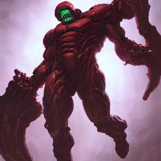 Image similar to doom eternal, mutant, tubes fused with the body, front view, painted by stanley lau, painted by greg rutkowski, painted by stanley, artgerm, masterpiece, digital art, trending on arts