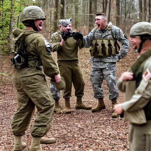 Prompt: a group of fox animals dressed in modern american military soldier uniforms, foxes laughing at a computer, 8 5 mm f / 1. 4