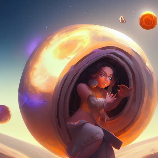 Prompt: a player goddess rolling the earth on her finger, floating in space, highly detailed, digital painting, artstation, octane render, concept art, matte, sharp focus, hearthstone, illustration