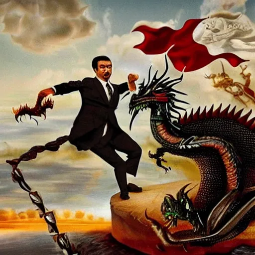 Prompt: epic scenery of the president of México fighting a dragon in the style of Dalí