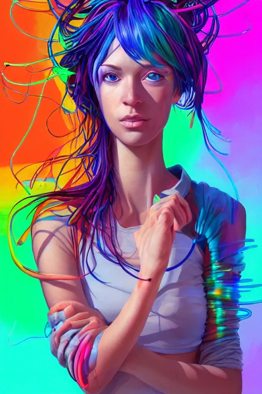 Prompt: a award winning half body portrait of a beautiful woman with stunning eyes in a croptop and cargo pants with rainbow colored hair, outlined by whirling illuminated neon lines and fine lines swirling in circles by jesper ejsing, rhads, makoto, shinkai, lois van baarle, digital art, trending on artstation