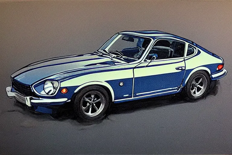 Image similar to blueprints of a blue 1975 Datsun 260Z, hyper realistic,