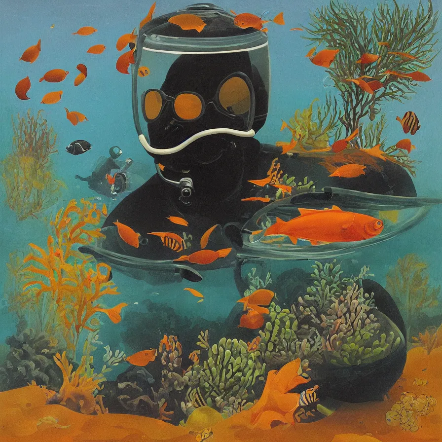 Prompt: “painting of a scuba diver swimming in a fish bowl . the bowl is standing in the desert, style of henri rousseau”