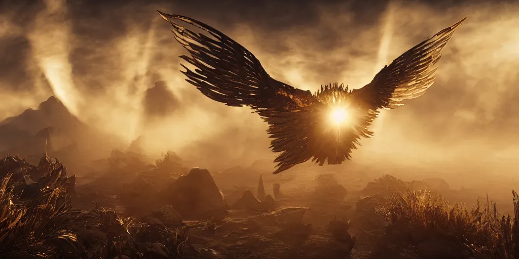 Image similar to bird wings, gold ram horns, copper goat skulls, grand imposing powerful sculpture. swirls of mist. sunrise, intense light beams, lens flare. occult photorealism, uhd, amazing depth, volumetric lighting, cinematic lighting. epic landscape.