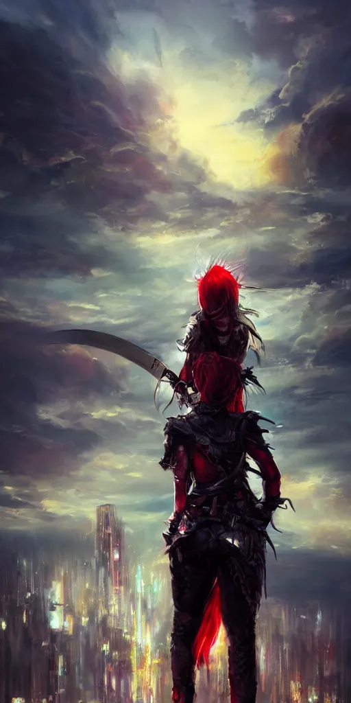 Image similar to back shot of one beautiful girl warrior in punk jacket gazing back into distance land, holding two swords, the swords glows in neon red. standing on wet road, digital art by wlop. artstation contest winner, cinematic paint. lower shot. dramatic cloud and ruined city in background.