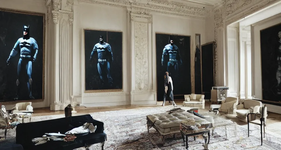 Image similar to Batman standing in giant Italian modern castle living room, clean minimalist design, that is 1300 feet tall, with very tall giant walls filled with modern art paintings, doors that are cosmic portals, photo by Annie Leibovitz