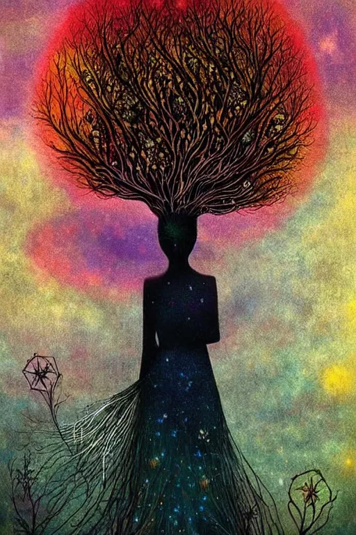 Image similar to surreal neil gaiman's sandman, dream, nostalgia for a fairytale, magic realism, goth flowerpunk, mysterious, vivid colors, by andy kehoe, amanda clarke