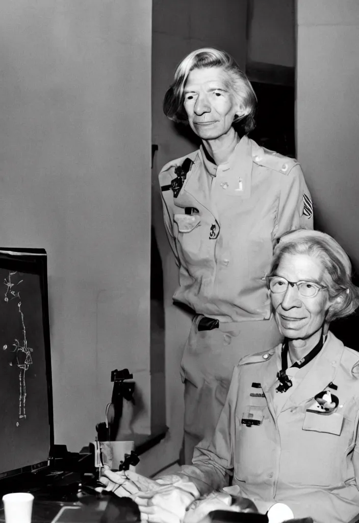 Prompt: photograph of Grace Hopper with cybernetic implants