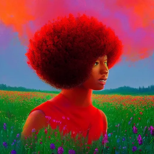 Image similar to girl with afro made of red flower, standing in a field with flowers, surreal photography, hills, big trees, sunrise dramatic light, impressionist painting, colorful clouds, digital painting, pointillism, artstation, simon stalenhag