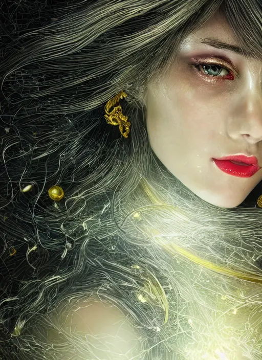 Prompt: glowing silver and golden elements, full close-up portrait, young female portrait model from shutterstock as a dark witch, book cover, green forest, white moon, red lips, establishing shot, extremly high detail, photo-realistic, cinematic lighting, pen and ink, intricate line drawings, by Yoshitaka Amano, Ruan Jia, Kentaro Miura, Artgerm, post processed, concept art, artstation, matte painting, style by eddie, raphael lacoste, alex ross