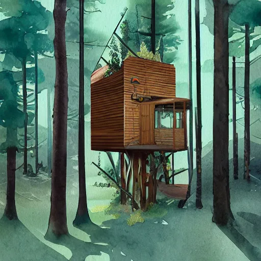 Image similar to Ramped Entrance - 'Woodnest' Cabin Is a Tiny Self-Supported Tree House in This overgrown futuristic sci-fi Norwegian Forest, Nice colour scheme, soft warm colour. Studio Gibli. Beautiful detailed watercolor by Lurid. (2022)