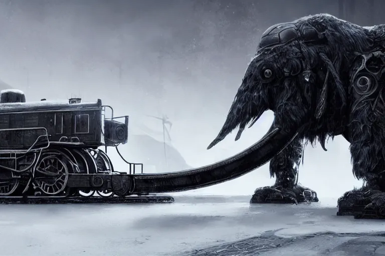 Prompt: an intricate futuristic black steam train and a giant mammoth, post - apocalyptic ice landscape in snowstorm, cinematic concept art, artstation, highly detailed, digital art