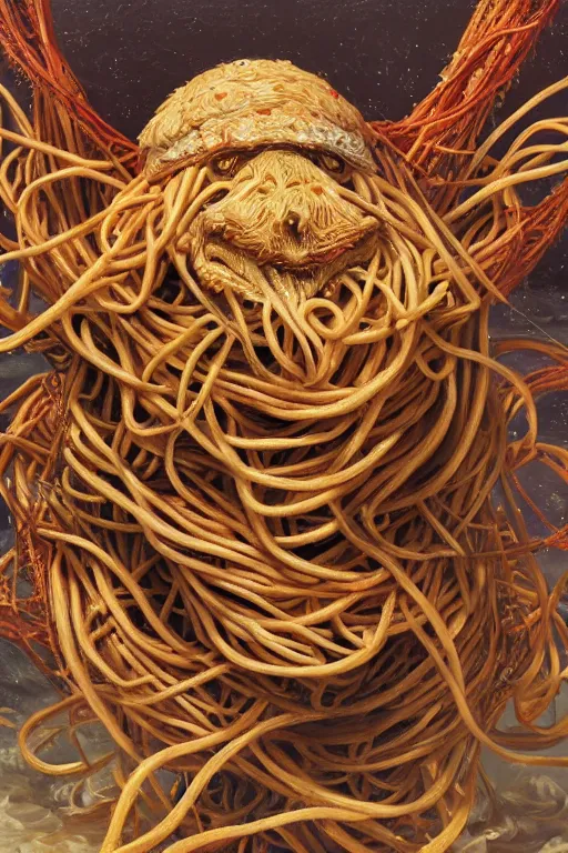 Image similar to The flying spaghetti Monster, oil on canvas, intricate, portrait, 8k highly professionally detailed, HDR, CGsociety