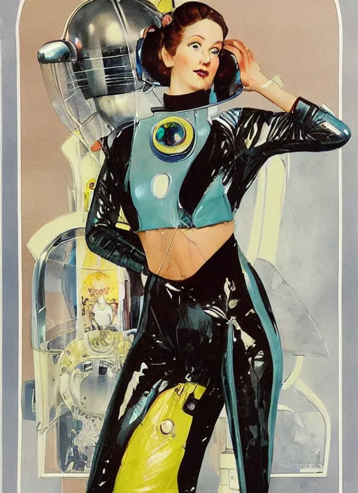 Prompt: a copic maker art nouveau portrait of gretchen ross on a futuristic latex puffy pilot suit by john berkey norman rockwell