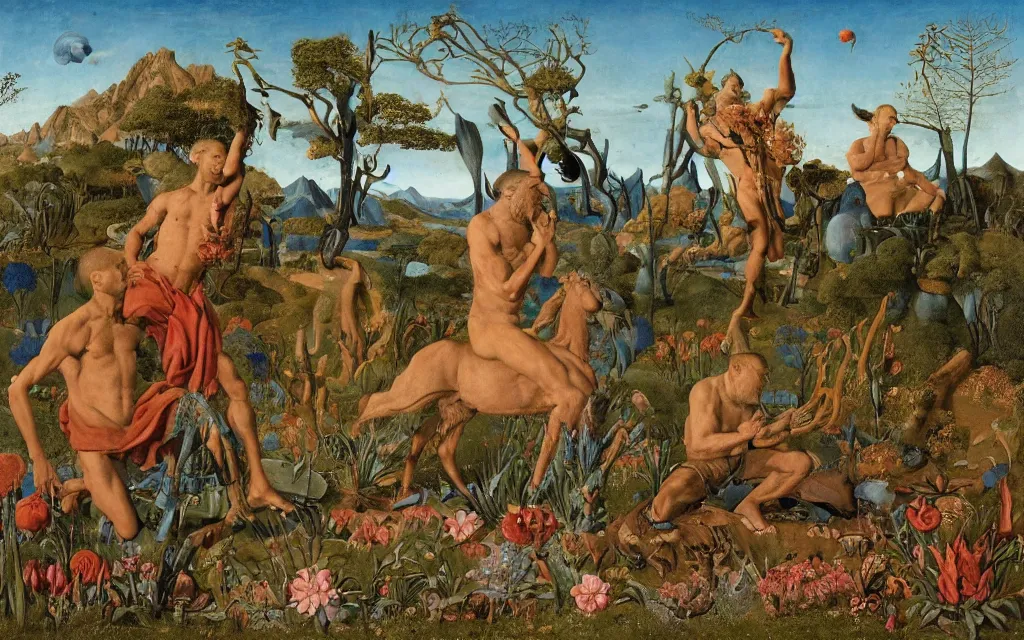 Image similar to a portrait photograph of a meditating satyr and a centaur monk riding a rocket machine and hunting at a river delta. surrounded by bulbous flowers and trees. mountain range under a blue sky of fiery stars. by jan van eyck, max ernst, ernst haeckel, ernst fuchs and artgerm, cgsociety, fashion editorial, 8 k