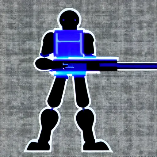 Prompt: robot with a crt color bars tv screen for a head holding a sniper rifle. character design. digital art. masterpiece.