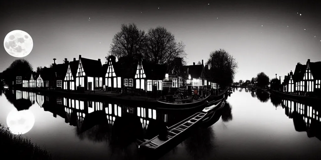 Prompt: Dutch houses along a river, silhouette!!!, Circular white full moon, black sky with stars, lit windows, stars in the sky, b&w!, Reflections on the river, a man is punting, flat!!, Front profile!!!!, high contrast, HDR, soft, street lanterns, 1904, Style of Frank Weston, illustration