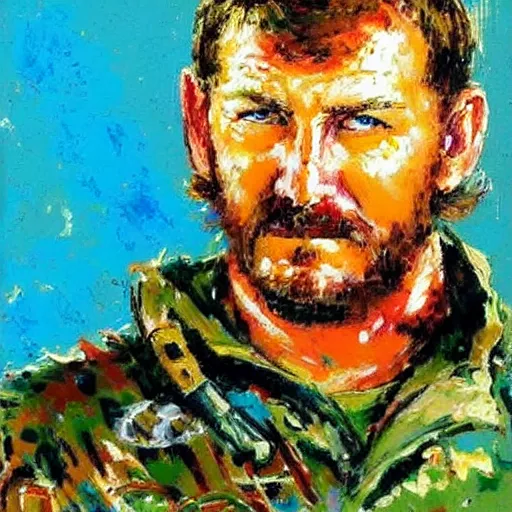 Image similar to chris kyle by leroy neiman, intricate, ultra detailed painting, atmospheric lighting, golden hour