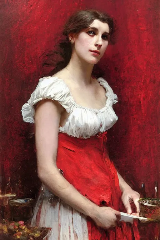 Image similar to Solomon Joseph Solomon and Richard Schmid and Jeremy Lipking victorian genre painting full length portrait painting of a young beautiful woman traditional german barmaid in fantasy costume, red background