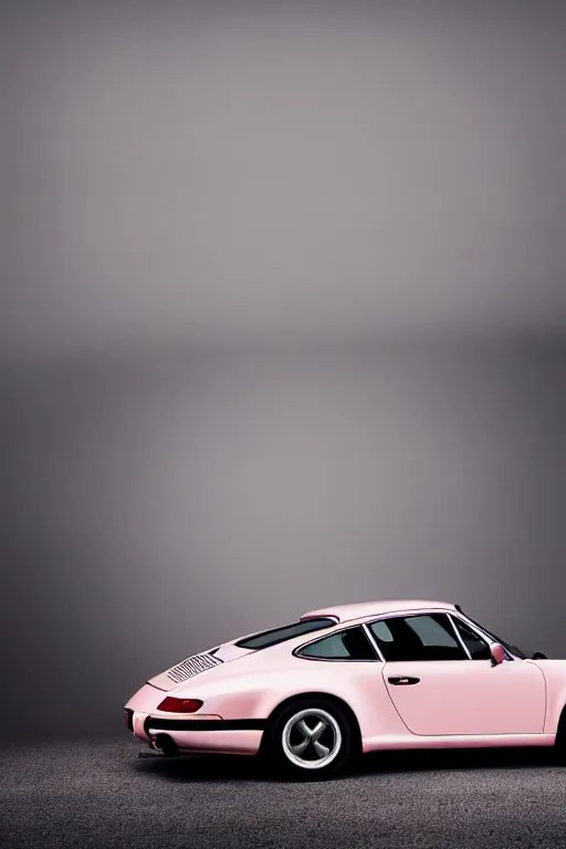 Image similar to Portrait of a light pink Porsche 911 Carrera 3.2, studio lighting, dimly lit, backlit, photoshoot for vogue magazine, highly detailed.