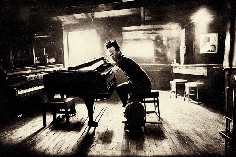 Image similar to tom waits playing an old piano in a dingy whiskey bar, cigarette smoke, broken jukebox, drunk asleep at a table, jack daniels, faded color photograph, moody, atmospheric, light rays through smoke