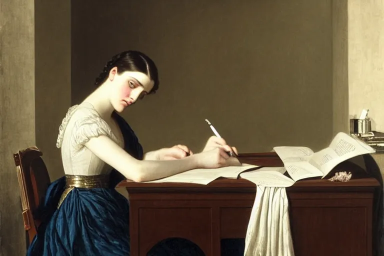 Image similar to 1 8 1 0 s katie mcgrath writing at her desk by vittorio reggianini, bright lighting, perfectly detailed eyes, beautiful hands, pale skin, clear face
