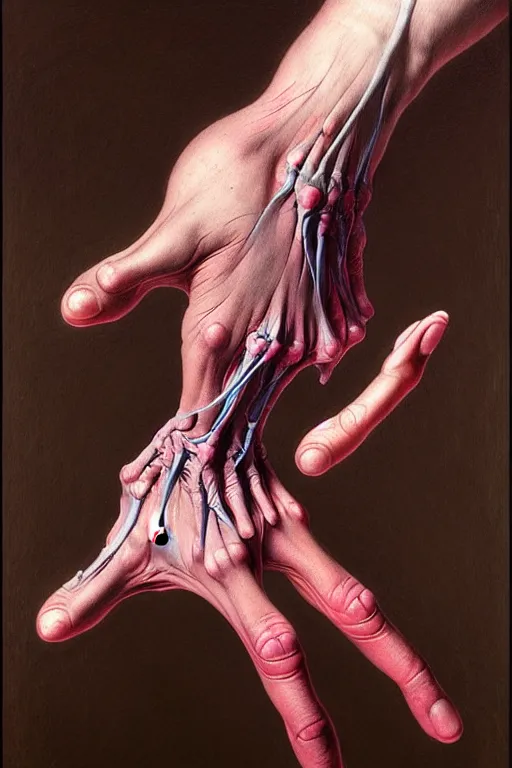 Prompt: human hand artists anatomy in the style of wayne barlowe, gustav moreau, goward, bussiere, roberto ferri, santiago caruso, luis ricardo falero, dali