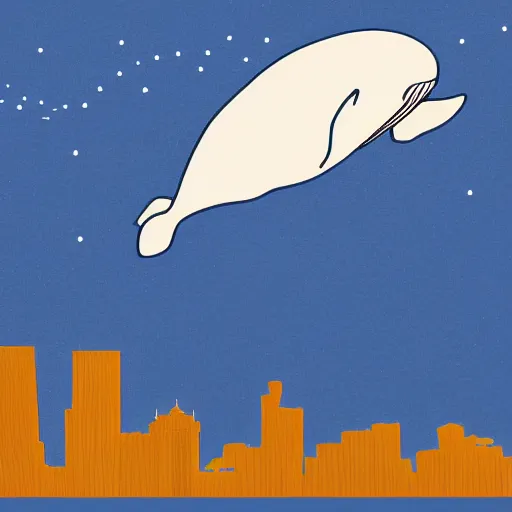 Image similar to illustration of a whale flying over a city at night