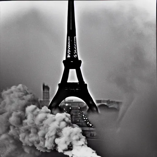 Image similar to extensive smoke rising from the top of the eiffel tower, aerial view, several police cars and crowds running across the ground, polaroid, 6 0's, hyperrealism, no blur, 4 k resolution, ultra detailed