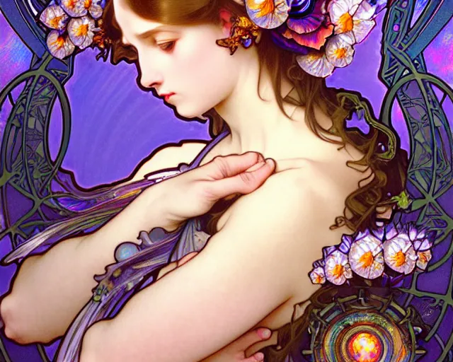 Image similar to overlord, rococo and art nouveau fusion, iridescent diaphanous refractive and reflective flower bouquet, tarot card, highly detailed, deep focus, elegant, digital painting, smooth, sharp focus, illustration, ultra realistic, 8 k, art by artgerm and alphonse mucha