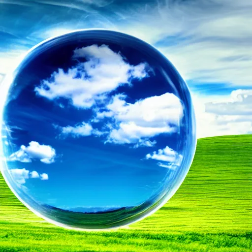 Image similar to A photograph of the Windows XP Bliss wallpaper inside of a giant floating soap bubble, floating in a blue and cloudy sky.